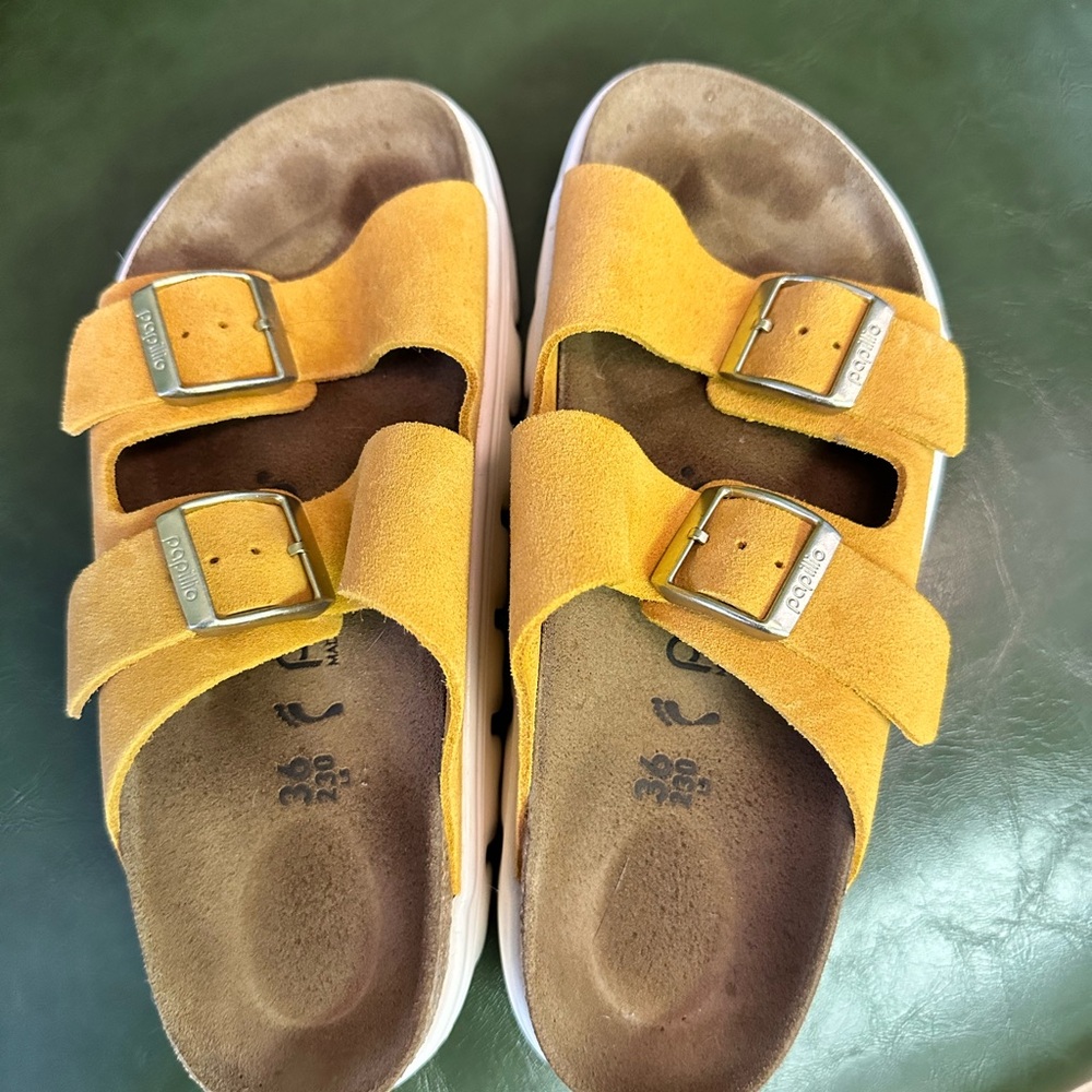 Papillio Birkenstock Mustard Yellow Platform Sandals with Buckles Womens 36